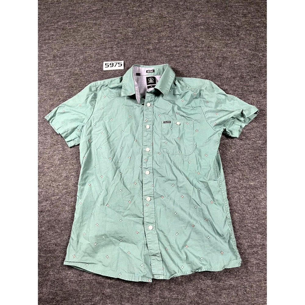 Volcom Stone Shirt Mens Small Green Geometric Short Sleeve Button Up‎ Modern Fit
